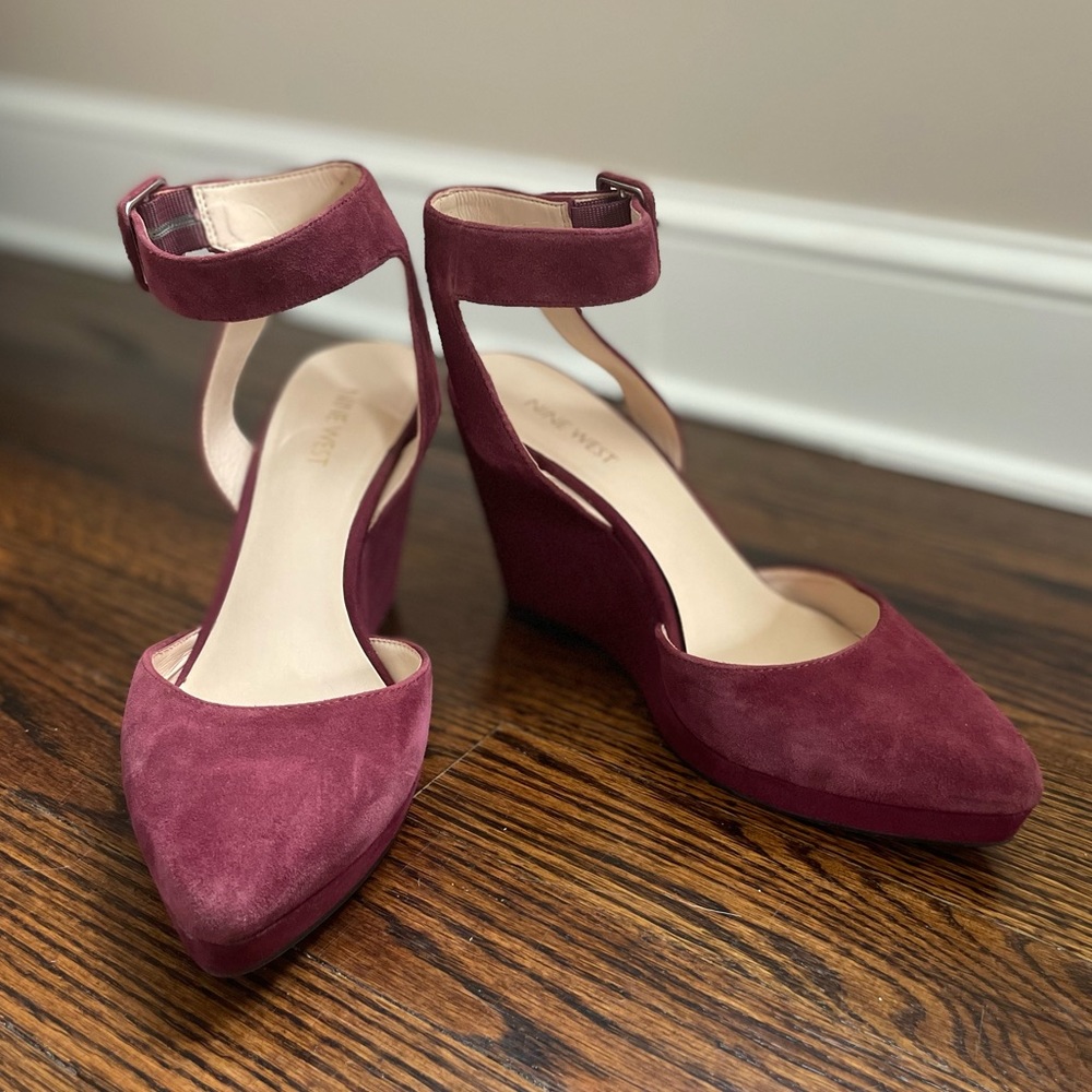 Nine West burgundy suede ankle strap wedges, 8.